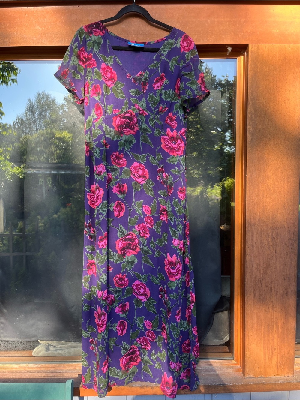 Monsoon Purple Maxi Dress with Pink Rose Print